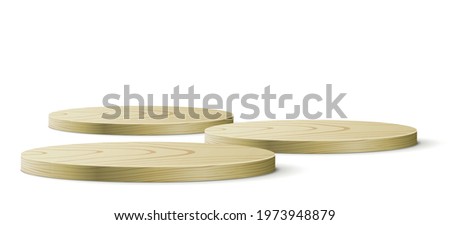 Oval wooden desks isolated on a white background. Round shape wooden boards with space for product presentation, object placement, or some showcasing. Vector illustration.