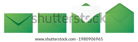 Vector set of realistic green envelopes in different positions. Folded and unfolded envelope mockup isolated on a white background.