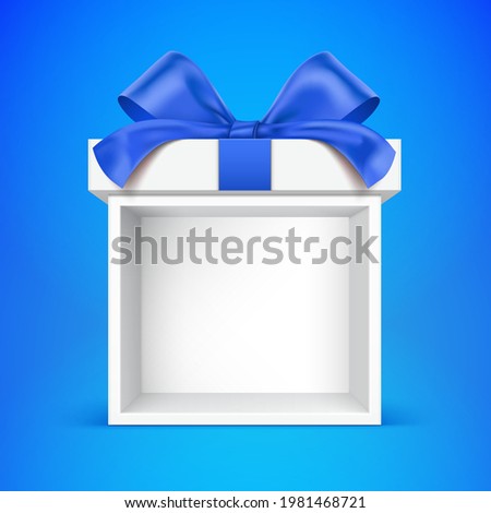White gift box on the blue background, with empty space for object placement.