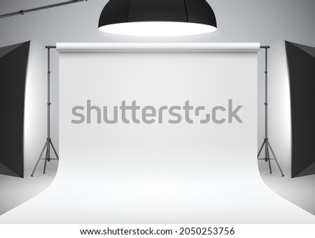 Photo studio white backdrop lit with side and head softboxes. Professional photo shooting setup with studio lights, realistic vector illustration. Studio photography scene mockup.