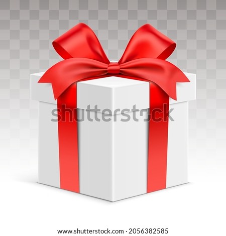 White gift box wrapped with red satin ribbon, isolated on transparent background. Realistic giftbox vector illustration.