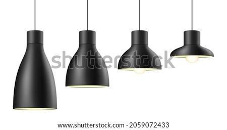 Black ceiling light shade in different shapes and sizes. Metal pendant lamp vector illustration, isolated on white background.