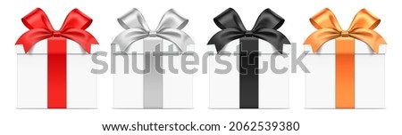 Vector set of white gift boxes with different color ribbons. Realistic giftbox in front view, isolated on white background.