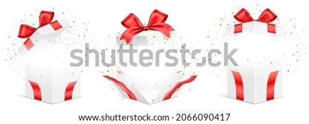 Vector set of exploded white gift boxes with red ribbons, isolated on white background. Unfolded surprise giftbox, vector illustration. Foto d'archivio © 