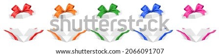 Vector set of unfolded white gift boxes with different color ribbons, isolated on white background.