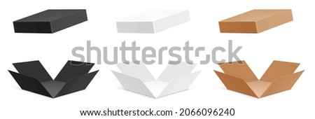 Vector set of black, white, and cardboard paper unfolded boxes, isolated on background.