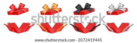 Vector set of unfolded red gift boxes with different color ribbons, isolated on white background.