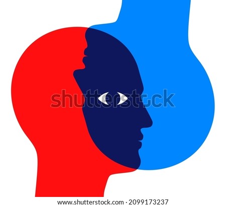 Two overlapping man heads, looking through each other, upside down, with one shared eye. Psychological concept vector illustration.