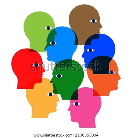 Civil society structure concept vector illustration, with colorful men heads gathered as a bunch on a white background.