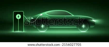 Electric car charging on the station, vector illustration. Green neon glowing EV vehicle filling up a battery. Modern hybrid SUV or sports car design with voltage symbol on the wheels.