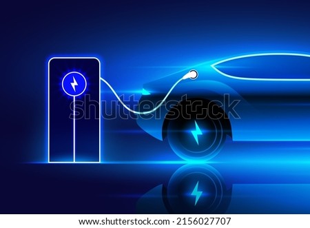Electric car charging on the station, vector illustration. Blue neon glowing EV vehicle filling up a battery. Modern hybrid car rear side with voltage symbol on the wheel.