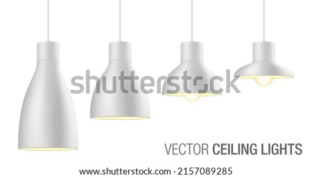 White ceiling light shade in different shapes and sizes. Metal pendant lamp vector illustration, isolated on white background.