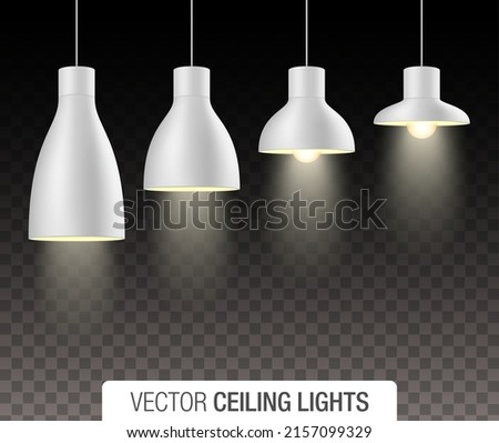 Vector set of illuminated white ceiling light shades, isolated on transparent background.
