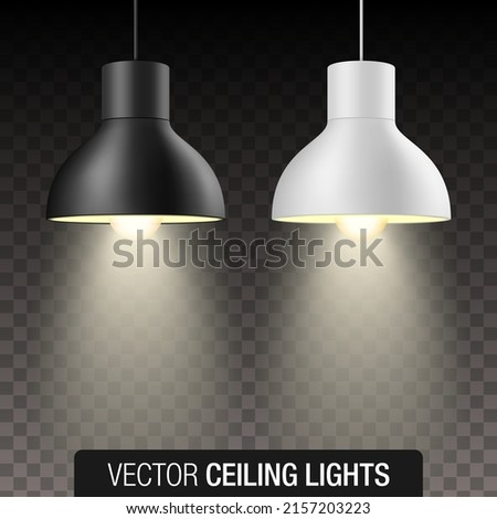 Vector set of black and white turned on pendant ceiling light shades, isolated on transparent background.