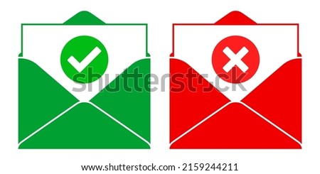 Positive and negative mail concept vector icons, with a green checkmark and red X signs, isolated on white background. Green and red flat style envelopes with Done and Error messages.