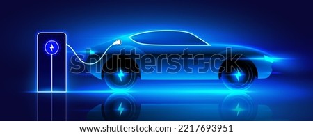 Electric car charging on the station, vector illustration. Blue neon glowing EV vehicle filling up a battery. Modern hybrid car with voltage symbol on the wheel.