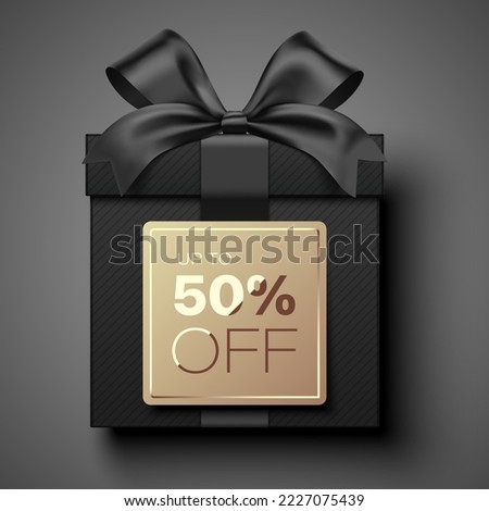 Premium style black realistic gift box with square golden tag and Up To 50 Percent Off text, lying on a grey gradient background. Luxury business giftbox banner, social promo post vector design.