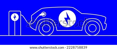 Electric SUV car charging on the station, outline vector illustration. Hybrid EV vehicle with voltage icon, filling up a battery.