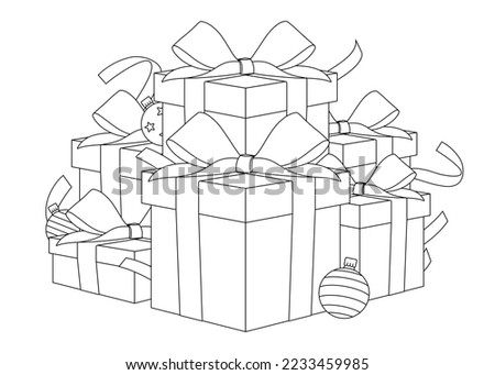 Christmas gift boxes with ribbons and balls, coloring page outline vector drawing.