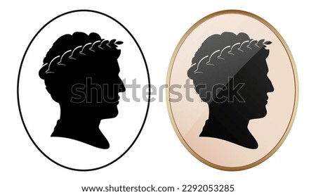 Silhouette portrait of Caesar ruler in black oval frame and cameo jewelry, vector illustration isolated on white background.
