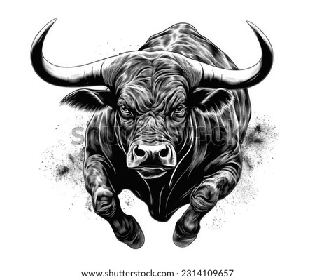 Furious raging black bull, with big horns, sketch style vector illustration for poster or tshirt design, isolated on white background.