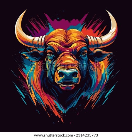 Bull head vibrant colorful brush style vector illustration for t-shirt or poster printing.