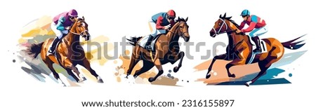 Jockeys riding racehorses on a fast speed, set of flat style vector illustrations, isolated on white background.