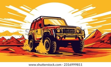 Wild SUV bashing in desert on a huge sun background. 4x4 sport, safari off road adventure horizontal banner vector illustration.