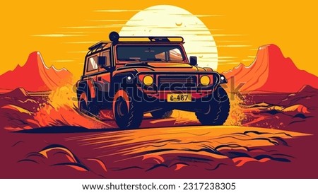 Off-road SUV bashing in canyons desert on a sunset background. 4x4 automotive adventure horizontal banner vector illustration.