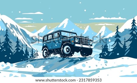 Off-road vintage SUV bashing in snow, on the winter landscape background. 4x4 automotive adventure horizontal banner vector illustration.