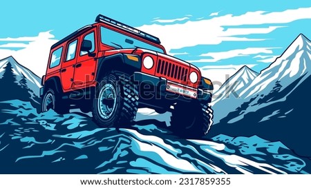 Off-road vintage red SUV standing in snowy road, on the winter mountains background. 4x4 automotive adventure horizontal banner vector illustration.