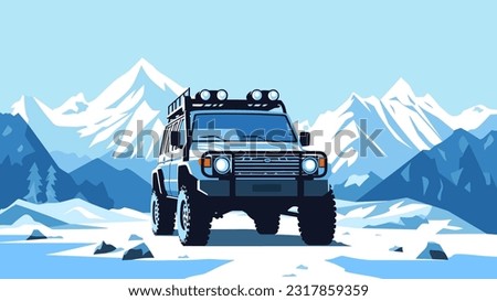 Off-road SUV standing in snow, on the winter mountains background. 4x4 automotive adventure horizontal banner vector illustration.
