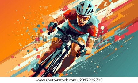 Professional bicycle racer riding a bike on abstract colorful graphic background. Cycle sport flat art poster, vector illustration