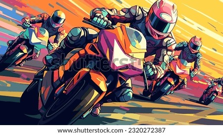 Sport bikers racing at a high speed on a motorcycle track, vivid colors flat style vector illustration. Motorcycling tournament energetic poster.