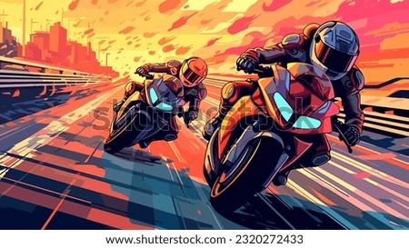 Bikers racing at a high speed on a highway, neon colors flat style vector illustration. Fantasy motorcycling energetic poster.