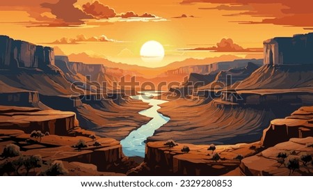Beautiful panoramic view of canyons and river during sunset, flat art style vector illustration.