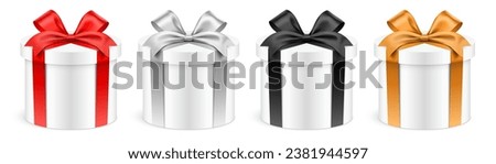 Round shape white gift boxes with colorful ribbons, isolated on background. Realistic cylindrical giftbox set, vector illustration.