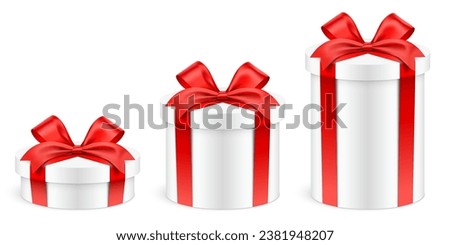 Different height round shape white gift boxes wrapped with red ribbons, isolated on background. Tall, low and normal size realistic cylindrical giftbox set, vector illustration.