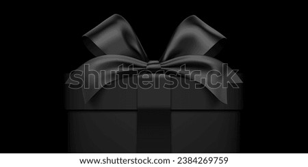 Premium style black gift box wrapped with satin ribbon on a dark background. Giftbox closeup banner vector design.