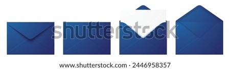 Vector set of realistic blue envelopes in different positions. Opened and closed envelope mockup isolated on a white background.