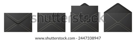 Vector set of realistic black envelopes with golden details, in different positions. Folded and unfolded envelope mockup isolated on a white background.