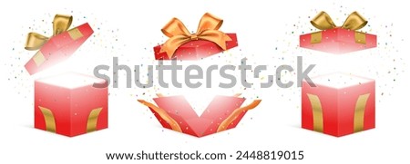 Vector set of red gift boxes with golden ribbons and exploded colorful confetti isolated on a white background. Unfolded surprise giftbox, vector illustration.