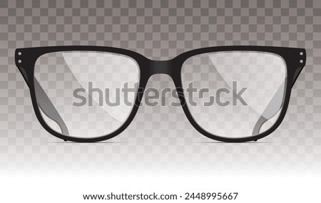 Black frame spectacles, isolated on the transparent background. Classic shape unisex black eyewear, vector illustration.