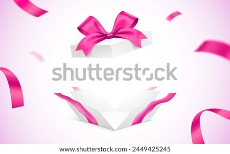 Exploded white gift box with pink ribbons. Surprise giftbox with empty space, vector illustration.