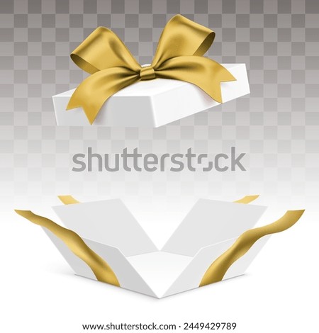 Opened white gift box with shiny golden ribbon, isolated on transparent background. Luxury surprise giftbox with empty space, vector illustration.