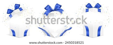 Vector set of white gift boxes with blue ribbons and exploded colorful confetti isolated on a white background. Unfolded surprise giftbox, vector illustration.