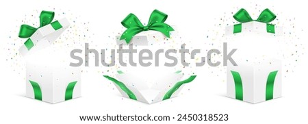 Vector set of white gift boxes with green ribbons and exploded colorful confetti isolated on a white background. Unfolded surprise giftbox, vector illustration.