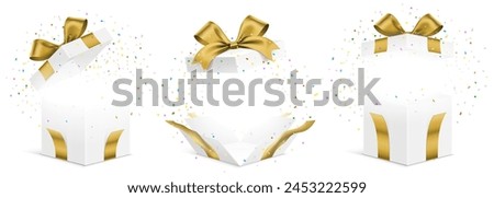 Vector set of white gift boxes with green ribbons and exploded colorful confetti isolated on a white background. Unfolded surprise giftbox, vector illustration.