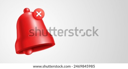 Red bell with an X icon notification sign, indicating a rejection or alert status on a plain white background, vector banner with copy space.