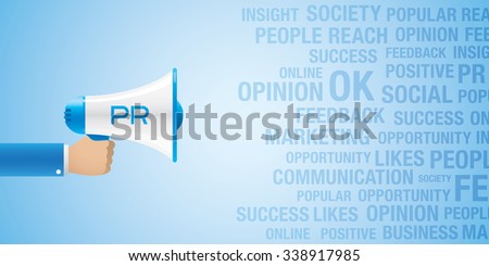 Business concept, with hand holding a bullhorn on a blue background.